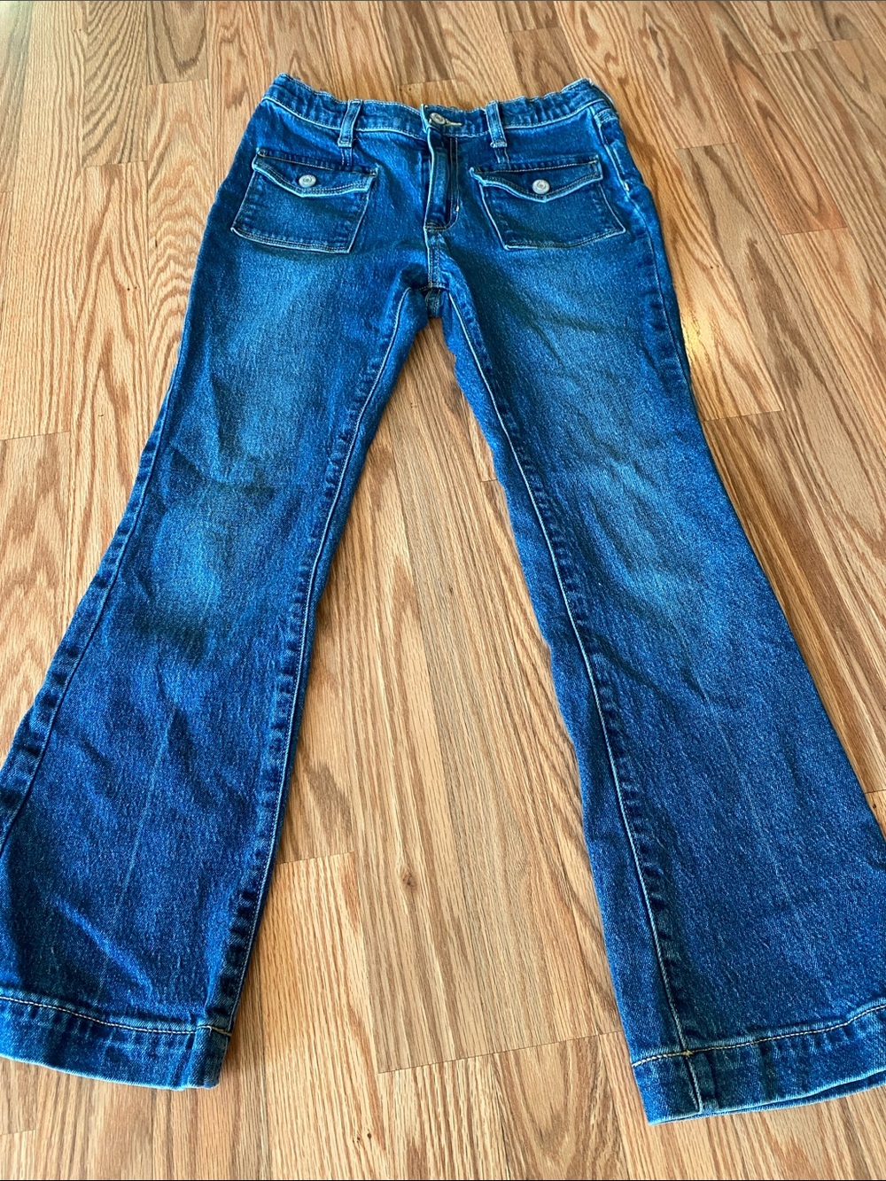 Girl’s Blue High Rise Flare Jeans with Front Flap Pockets by Old Navy-14 Denim
